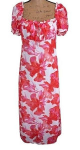 Wayf Felicity Midi Dress Pink Red Tropical Floral Milkmaid Puff‎ Sleeve Medium Photo 0