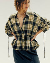 Free‎ People Pacific Dawn Plaid Shirt black green tan sz L Photo 0