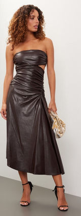 ALC Frank Brown Faux Leather Sleeveless Strapless Ruched Side Cutout Andie Dress 8 Photo 0