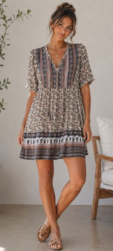 Knox‎ Rose Floral Boho Tassel Mini Dress Small Rayon Lined Cottagecore Earthy Photo 0