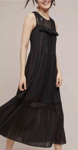 Maeve Anthropologie Black Crochet Tassel Metallic‎ Stripe Tiered Maxi Dress M Photo 0