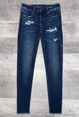 American Eagle AEO Dark Wash Jegging Jeans Womens 0 Reg High Rise Ripped Raw Hem Photo 0
