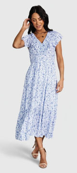 Baltic Born Crete Midi Dress Blue White Floral Toile Ruffle Tiered XL Cottage‎ Photo 0