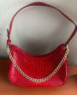 NWOT Red Croc-Embossed Italian Leather Shoulder Bag with Gold Chain Photo 0