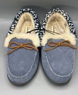 Clarks Moccasin Slippers Women 11 Blue Leather Faux Fur Lining Bow Detail LB0850 Photo 0