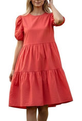 Adyson Parker Tiered Puff Sleeve Dress Womens Medium‎ Coral Babydoll Pockets Photo 0