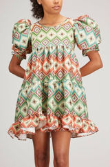 Autumn Adeigbo Mini Dress Babydoll Green Orange Puff Sleeve Size 2 Eclectic Luxe Photo 0