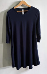 Zenana Premium Navy Blue V-Neck Swing Dress with Pockets 3/4‎ Sleeve Small Photo 0