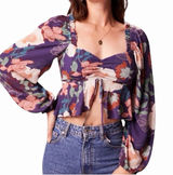 Band of the Free NWT Floriane Purple Floral Balloon Sleeve Crop Top Women Large Photo 0