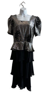Vintage 80s Prom Lizzy & Johnny Dress Silver Black Metallic Velvet Whimsigoth Photo 0