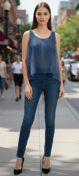 Joseph Ribkoff Vintage Y2K Sheer Denim Print Layering Tank Split Back Size 4 Photo 0