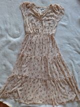 Moon River Floral Swiss Dot Tiered Midi Dress Tie Neck S Photo 0