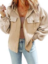 SHEWIN Women Jackets Casual Fuzzy Sherpa Hooded Zip Up Coats Apricot. Size L Photo 0