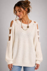Easel Cream Pearl Cutout Sleeve Fuzzy Knit Sweater S/M Photo 0