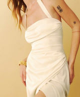 Reformation Solana Satin Dress Almond Beige Halter Midi‎ Cowl Neck 8 NEW Bridal Photo 0