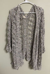 POL Open Knit Marled Cardigan Sweater Gray White Size Medium Crochet Duster Photo 0
