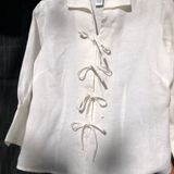 Pink Ribbon Collection White 100% Linen Tie Front Shirt Blouse M Photo 0