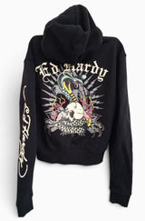 Ed Hardy Hoodie Womens S Black Full Zip Skull Snake Graphic Y2K Goth Tattoo Photo 0