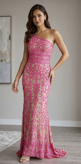 Sherri Hill 54250 One Shoulder Beaded Prom Gown Pink Nude Size 8 Dress Photo 0