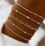 NEW Set of 5 silver bracelets / anklets heart, chain, adjustable silver bracelet Photo 0
