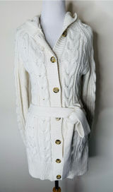 GAP Ivory Y2K Cable Knit Belted Hooded Long Cardigan Sweater Photo 0