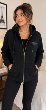 Vertigo Paris Women’s XL Black Quilted Gothic Zip Up Hoodie Jacket Embroidered Photo 0