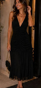Revolve Camila Coelho Black Ruched Deep V Midi Dress Sleeveless Evening Cocktail Dress Photo 0