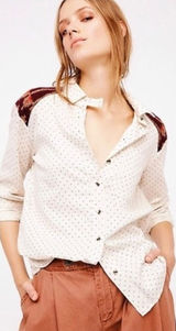 FREE PEOPLE Mixed Media Sage Buttondown Shirt Wool Western Polka Dot‎ Medium Photo 0