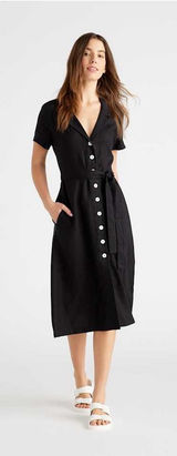 Quince 100% European Linen Button Front Short Sleeve Tie Midi Dress Black Small Photo 0
