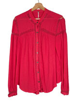 Free People Abigail Victorian Lace Yoke Pink Red Button Up Top Womens‎ Large Photo 0