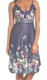 Foxiedox Floral Lace Trim Dress S Navy Blue Pleated‎ Fit & Flare Soft Girl Photo 0