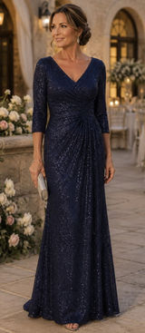 La Femme Navy Sequin Ruched V-Neck Evening Gown Dress Size 14 Photo 0