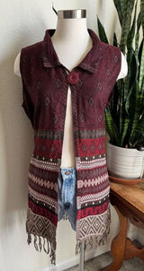 Boho Southwestern Sleeveless Cardigan Fringe Vest John‎ Mark Burgundy large Photo 0