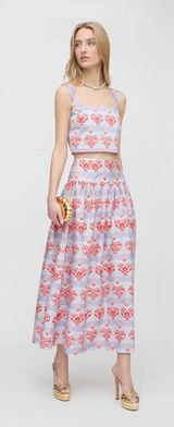 Hill House The Kate Midi Cotton Sateen Skirt in Poppy Damask Stripe Size XL Photo 0