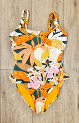 Aerie Real Good One Piece Swimsuit Orange Tropical Floral Tie Back Small S Photo 0