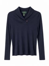 Lauren Ralph Lauren Women’s Petite P/L Navy Blue 100% Cotton Shawl Collar Top Photo 0