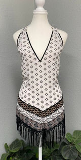 White House Black Market Geometric Halter Top Fringe Tassel White Black Brown Photo 0