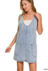 Zenana Denim Overall‎ Dress with Front Pockets - Light - Large Photo 0