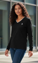US Polo Assn Womens Black V Neck Long Sleeve Classic Fit T Shirt Size XL Photo 0