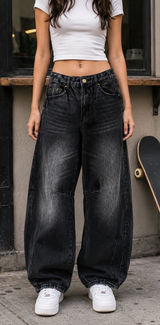 Zara TRF Size 0 Washed Black Barrel Leg Jeans Y2K Skater 100% Cotton Photo 0