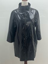 WD NY Black Patent Leather Faux Vinyl Leopard Print Lining Trench Coat Size 8 Photo 0