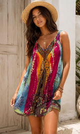 Sol Dashiki Rayon Tie Dye Boho Resort Cover-Up Mini Sundress Beach Vacation Photo 0