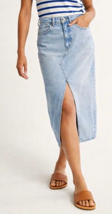 Abercrombie and Fitch light wash denim high rise midi skirt front slit 0P 25P Photo 0