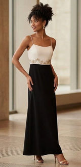 Badgley Mischka Formal Gown 10 Black White Beaded Silk Pearl High Low Maxi Photo 0