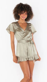 show me your mumu XS Say I Do Short Romper‎ Mass Green Satin Photo 0