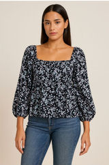 Sanctuary Floral Boho Puff 3/4 Sleeve Crop Blouse Square Neck Peasant Top Sz M Photo 0