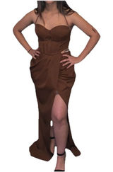 Pretty Little Thing Brown Corset Ruched Maxi Dress Size 8‎ Prom Dance Grad Racy Photo 0