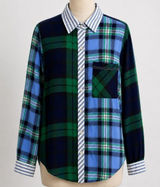 Aerie Flannel Mixed Plaid Button Down Shirt Medium Blue Green Colorblock Preppy Photo 0