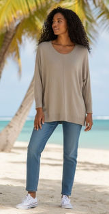 d&co Signature Women's Taupe Knit Sweater Long Sleeve‎ Oversized V-Neck L Photo 0