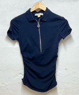 Y2K Michael Michael Kors Navy Blue‎ Ruched Quarter Zip Polo Top XS MK Logo Charm Photo 0